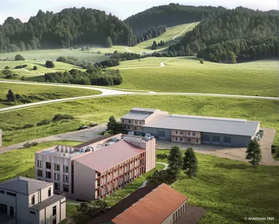 Visualisierung des Hotelgeländes mit verschiedenen Gebäuden und Ausblick auf die umgebende grüne Natur besteht aus Wäldern und Hügeln