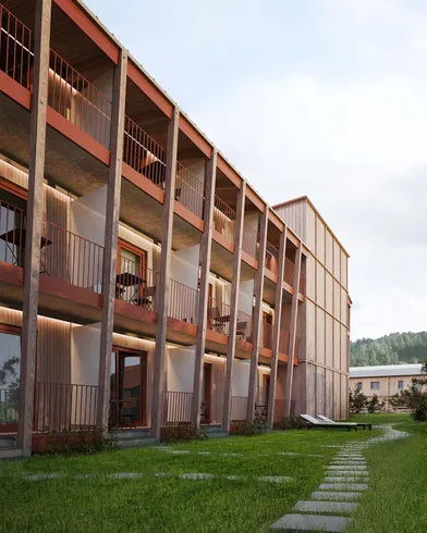 Visualisierung einer Seitenaußenansicht eines Hotelgebäudes mit Blick auf die einzelnen Balkone und Zimmer