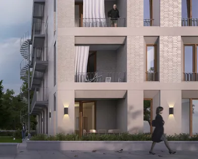 Rendering eines modernen Wohnhauses mit fünf Etagen, großen Fenstern und Personen im öffentlichen Raum